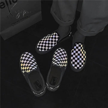 Xajzpa - Spring And Summer New Cloth Shoes Flat Lazy Reflective Lattice Leisure Couple Board Men’s